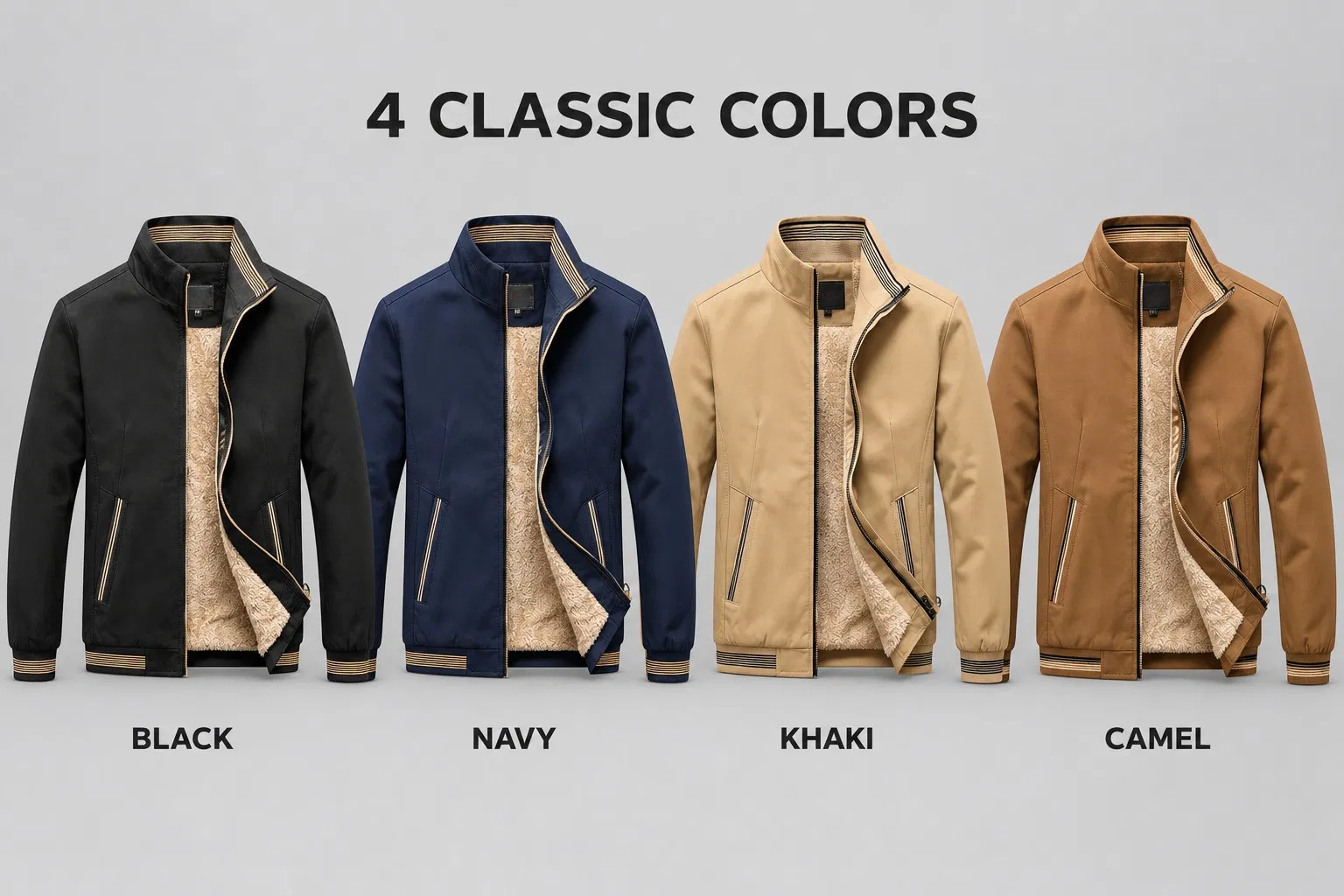 Fleece Jacket colors: Black, Navy, Khaki, Camel