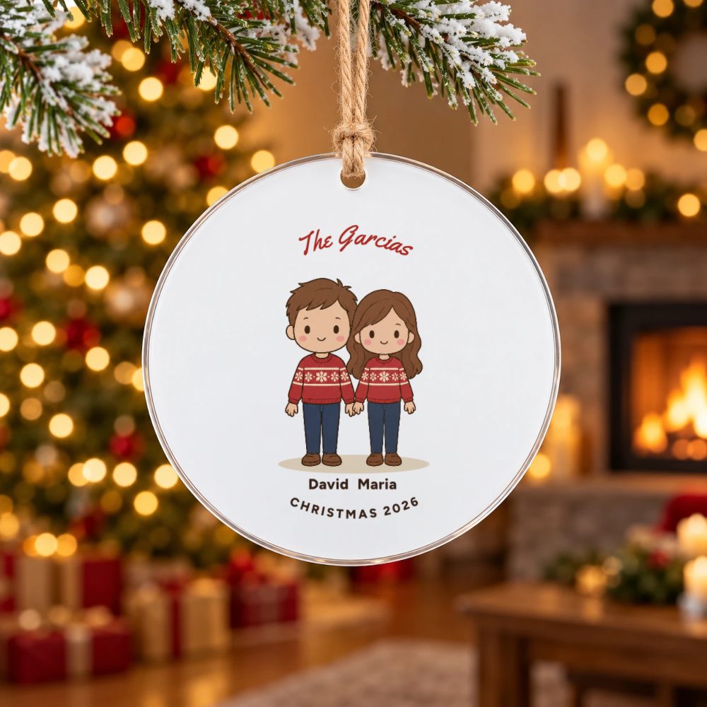 Personalized Family Christmas Ornament, Cartoon Characters, 4 in Acrylic Disc: preview of your design