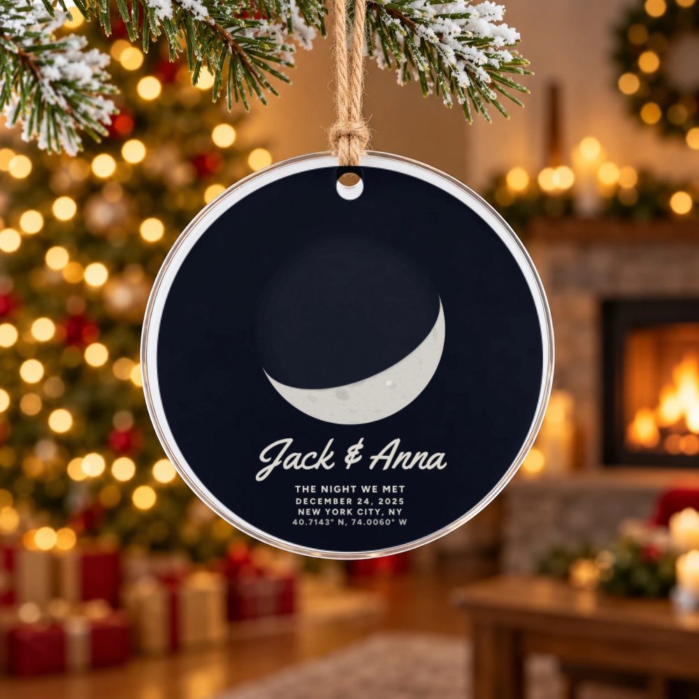 Personalized Night We Met Moon Ornament, 4 in Acrylic Disc: preview of your design