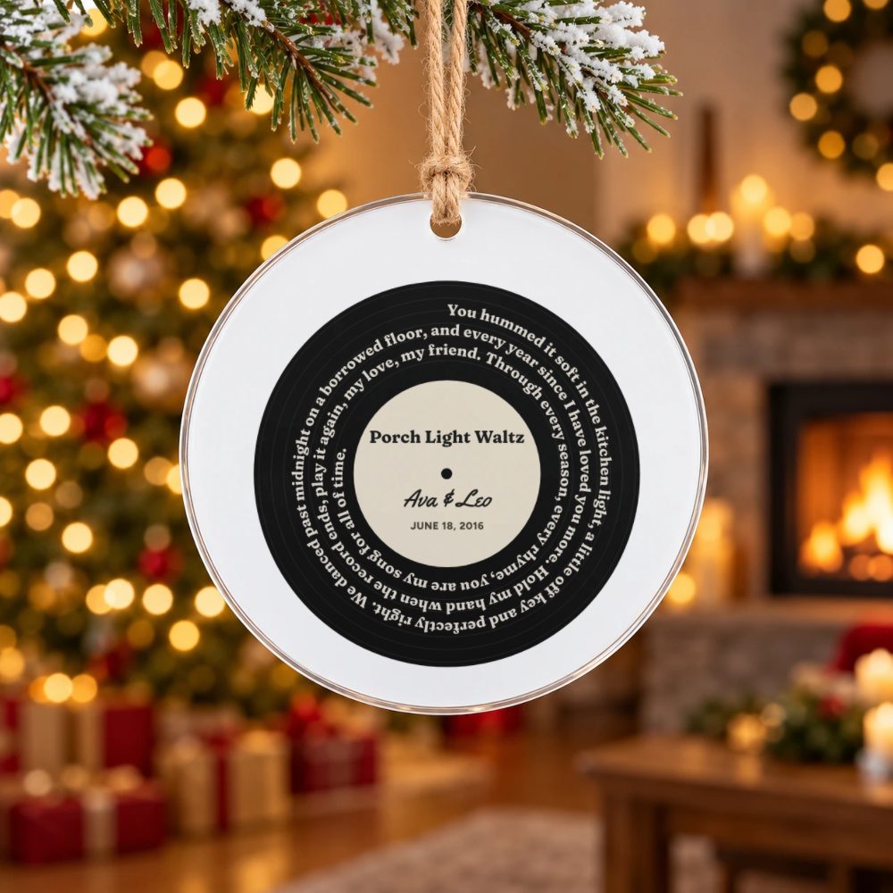 Personalized Vinyl Record Ornament with Your Song Lyrics, 4 in Acrylic Disc: preview of your design