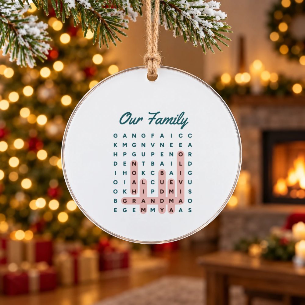 Personalized Family Word Search Ornament, 4 in Acrylic Disc: preview of your design