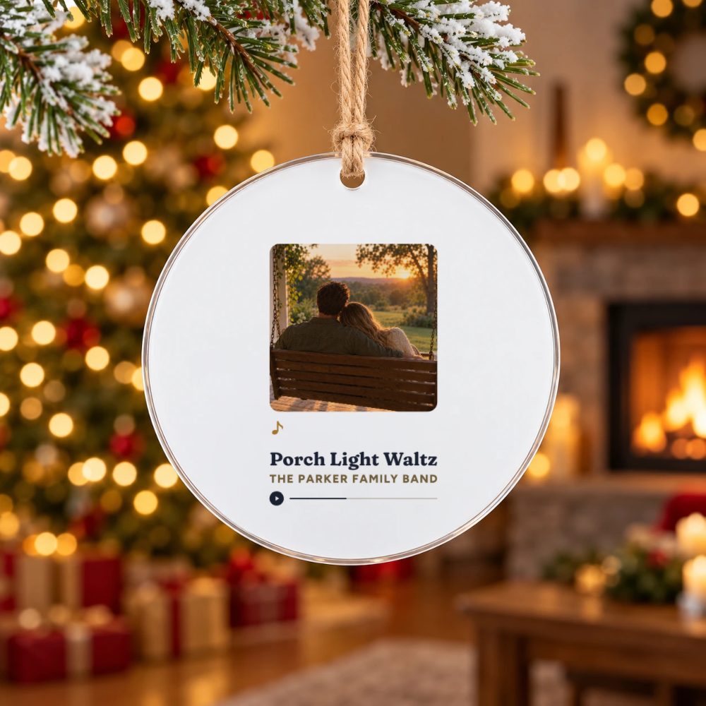 Personalized Our Song Photo Ornament, Song Keepsake, 4 in Acrylic Disc: preview of your design