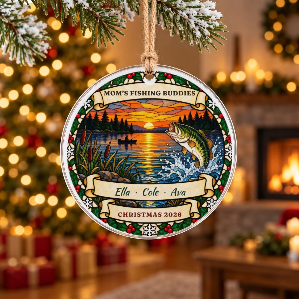 Personalized Fishing Buddies Ornament, 4 in Acrylic Disc: preview of your design